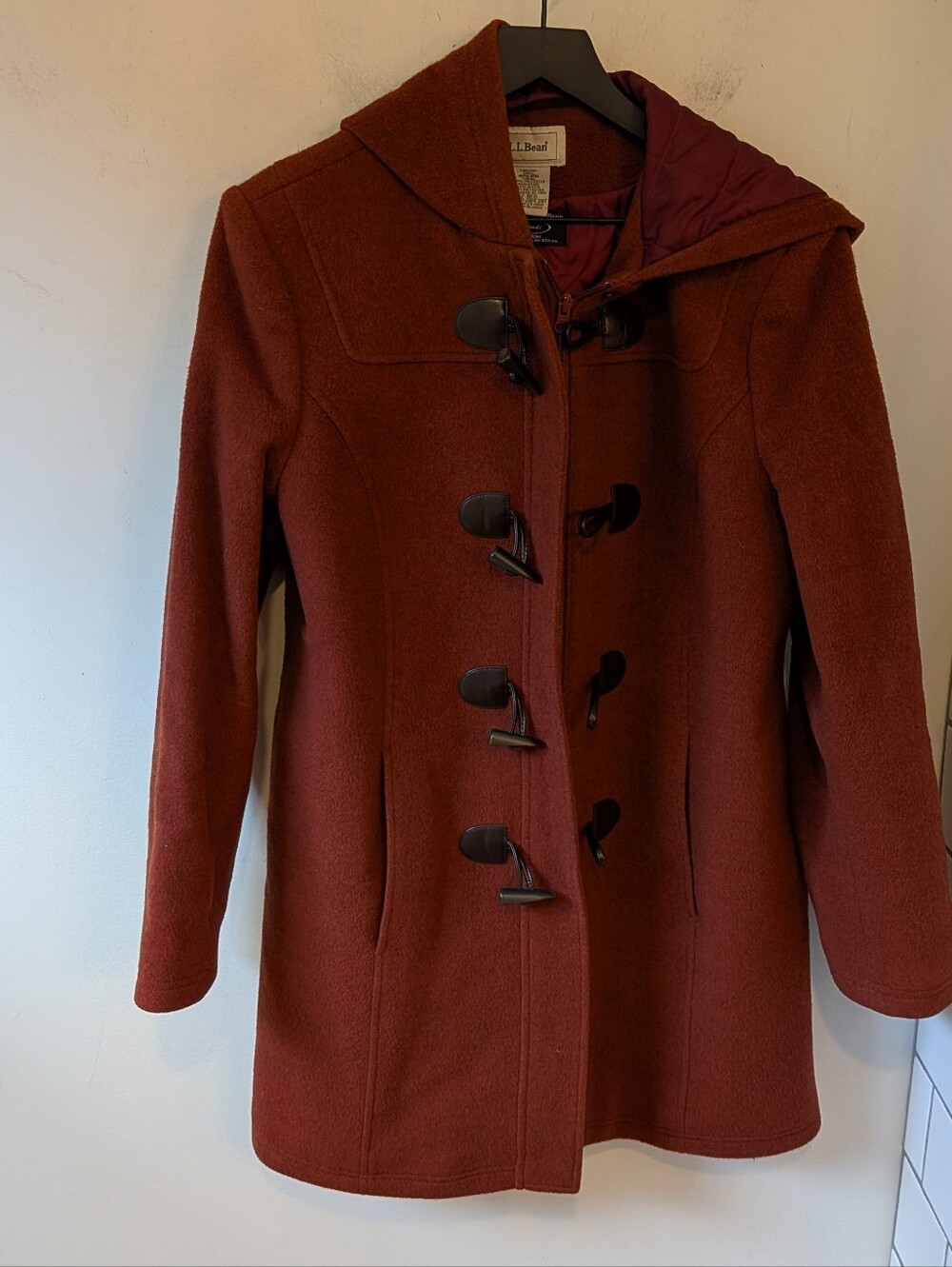 VTG L.L. Bean Rust Red Orange Wool Duffel Toggle Hooded Coat 12